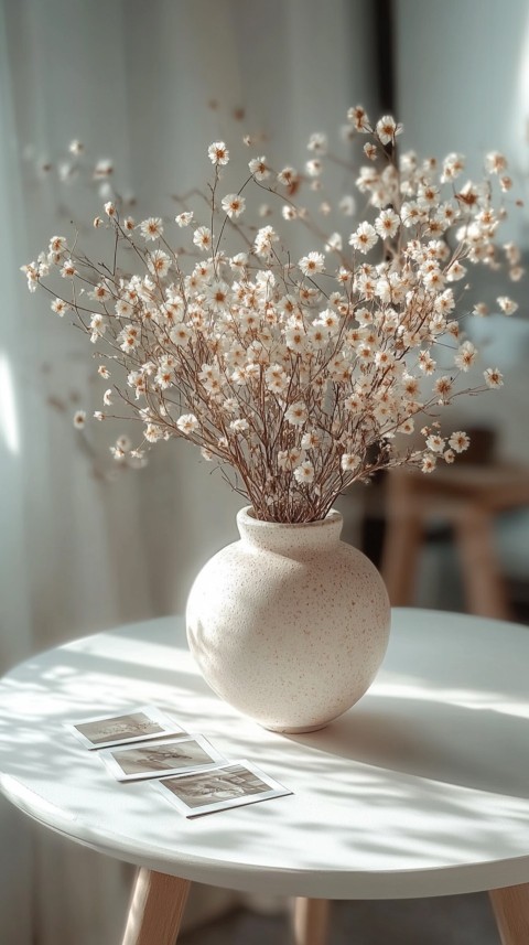 Circular White Table with a Vase of Dried Flowers and Polaroid Pictures – Feminine Blogger Aesthetic (32)