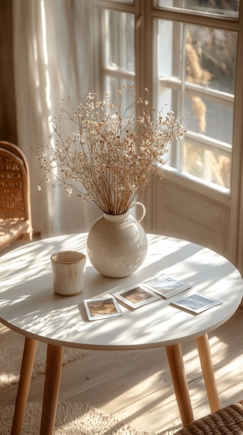 Circular White Table with a Vase of Dried Flowers and Polaroid Pictures – Feminine Blogger Aesthetic (63)