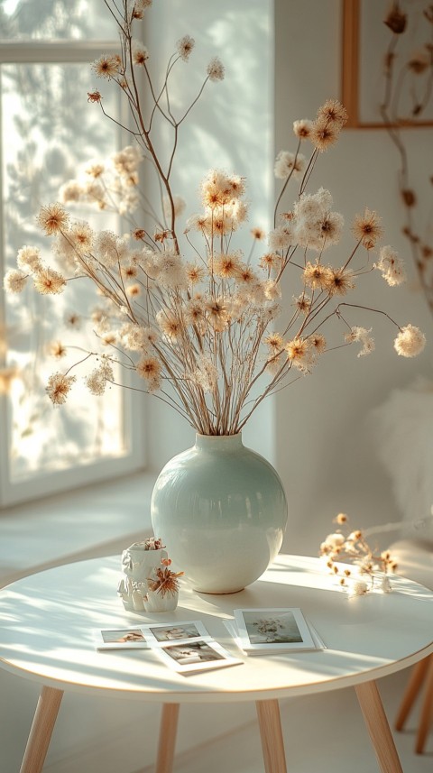 Circular White Table with a Vase of Dried Flowers and Polaroid Pictures – Feminine Blogger Aesthetic (70)