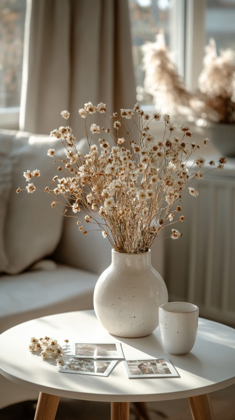 Circular White Table with a Vase of Dried Flowers and Polaroid Pictures – Feminine Blogger Aesthetic (37)