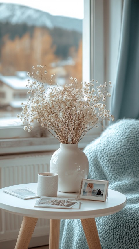 Circular White Table with a Vase of Dried Flowers and Polaroid Pictures – Feminine Blogger Aesthetic (59)