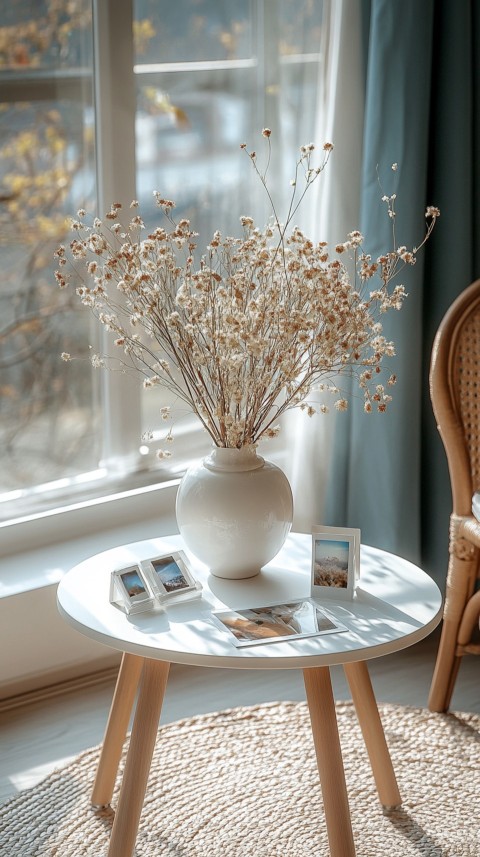 Circular White Table with a Vase of Dried Flowers and Polaroid Pictures – Feminine Blogger Aesthetic (49)