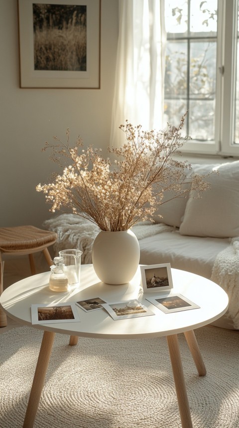 Circular White Table with a Vase of Dried Flowers and Polaroid Pictures – Feminine Blogger Aesthetic (69)