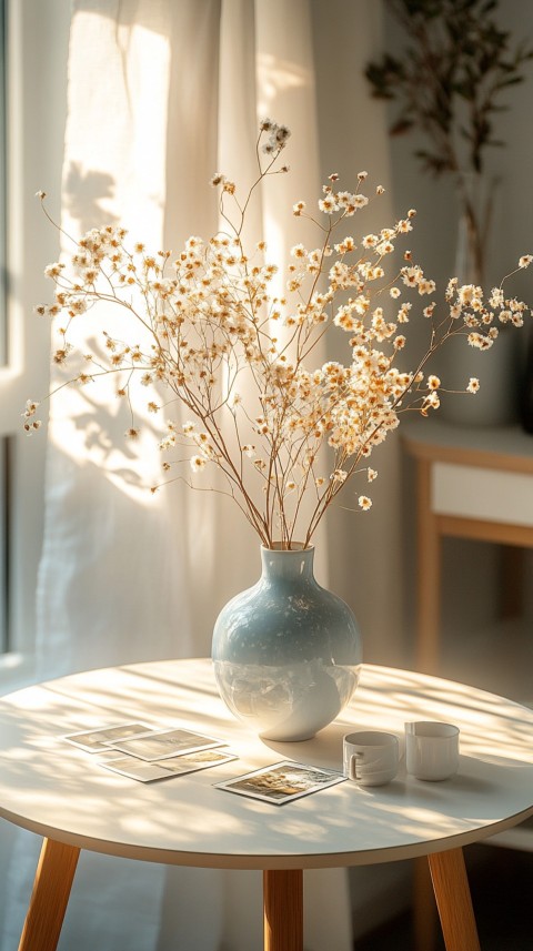 Circular White Table with a Vase of Dried Flowers and Polaroid Pictures – Feminine Blogger Aesthetic (56)