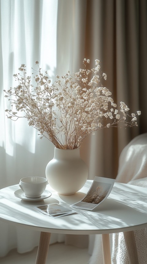 Circular White Table with a Vase of Dried Flowers and Polaroid Pictures – Feminine Blogger Aesthetic (44)