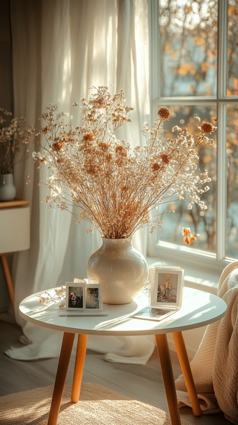 Circular White Table with a Vase of Dried Flowers and Polaroid Pictures – Feminine Blogger Aesthetic (31)