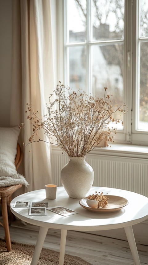 Circular White Table with a Vase of Dried Flowers and Polaroid Pictures – Feminine Blogger Aesthetic (50)