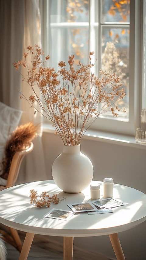 Circular White Table with a Vase of Dried Flowers and Polaroid Pictures – Feminine Blogger Aesthetic (39)