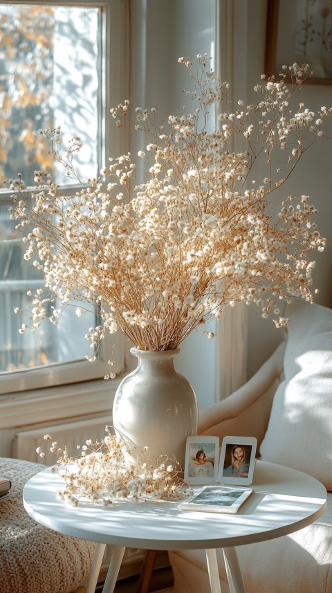 Circular White Table with a Vase of Dried Flowers and Polaroid Pictures – Feminine Blogger Aesthetic (51)