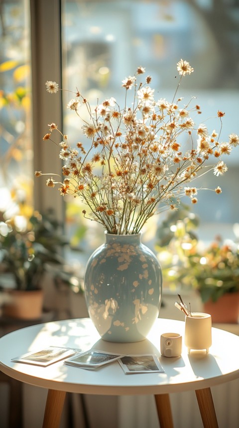 Circular White Table with a Vase of Dried Flowers and Polaroid Pictures – Feminine Blogger Aesthetic (53)