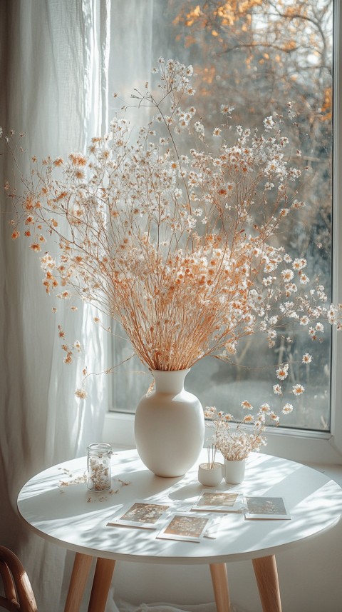 Circular White Table with a Vase of Dried Flowers and Polaroid Pictures – Feminine Blogger Aesthetic (55)