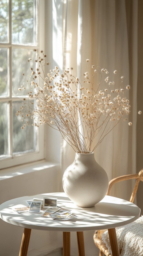 Circular White Table with a Vase of Dried Flowers and Polaroid Pictures – Feminine Blogger Aesthetic (81)