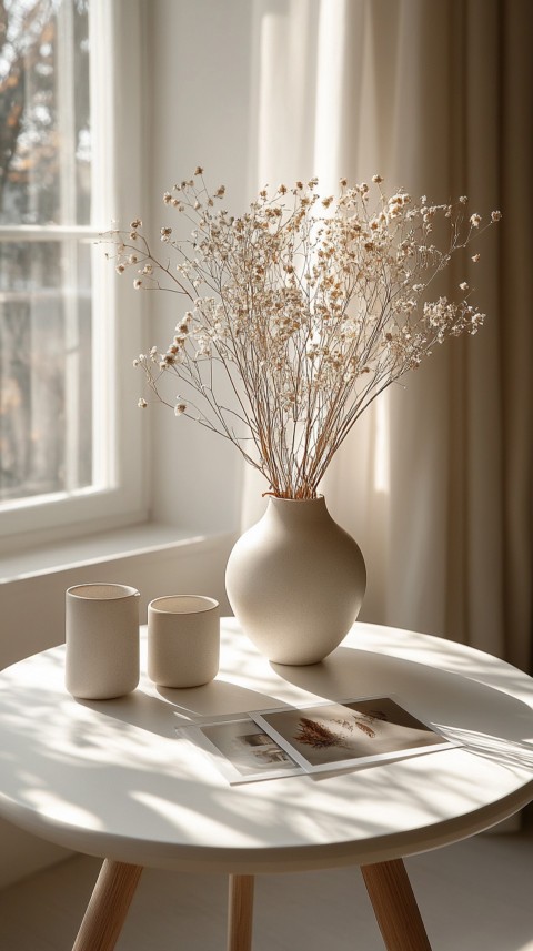 Circular White Table with a Vase of Dried Flowers and Polaroid Pictures – Feminine Blogger Aesthetic (85)