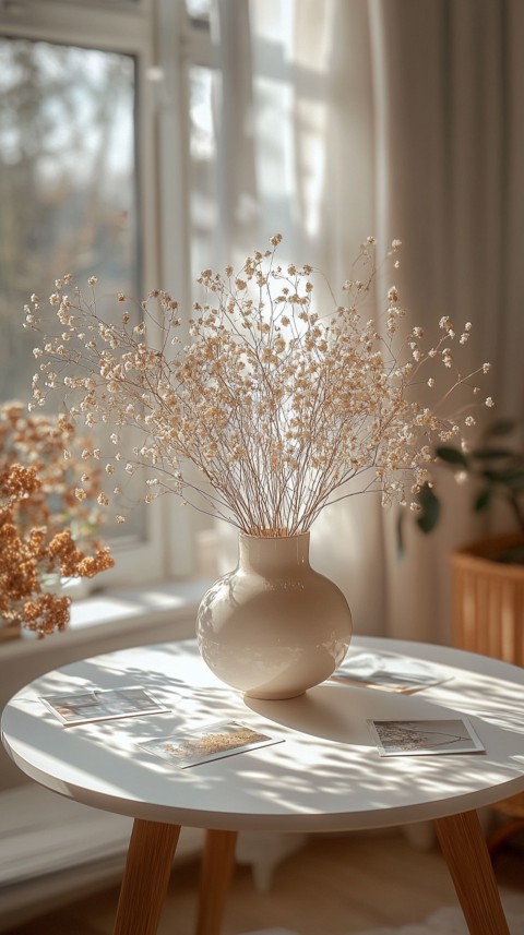 Circular White Table with a Vase of Dried Flowers and Polaroid Pictures – Feminine Blogger Aesthetic (99)