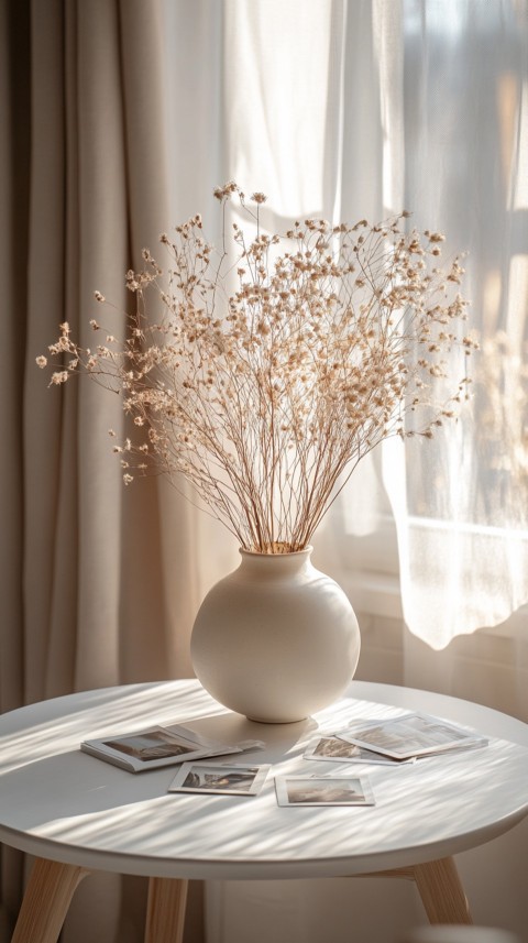 Circular White Table with a Vase of Dried Flowers and Polaroid Pictures – Feminine Blogger Aesthetic (97)