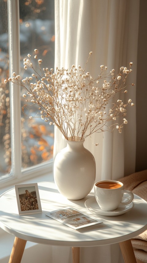 Circular White Table with a Vase of Dried Flowers and Polaroid Pictures – Feminine Blogger Aesthetic (90)