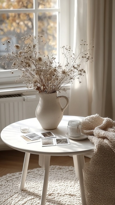 Circular White Table with a Vase of Dried Flowers and Polaroid Pictures – Feminine Blogger Aesthetic (98)