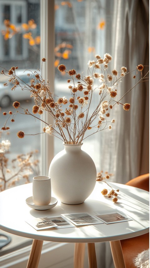 Circular White Table with a Vase of Dried Flowers and Polaroid Pictures – Feminine Blogger Aesthetic (89)