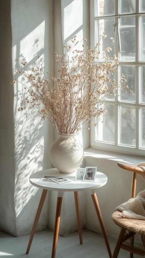 Circular White Table with a Vase of Dried Flowers and Polaroid Pictures – Feminine Blogger Aesthetic (96)