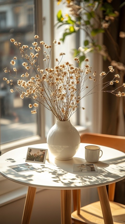 Circular White Table with a Vase of Dried Flowers and Polaroid Pictures – Feminine Blogger Aesthetic (86)