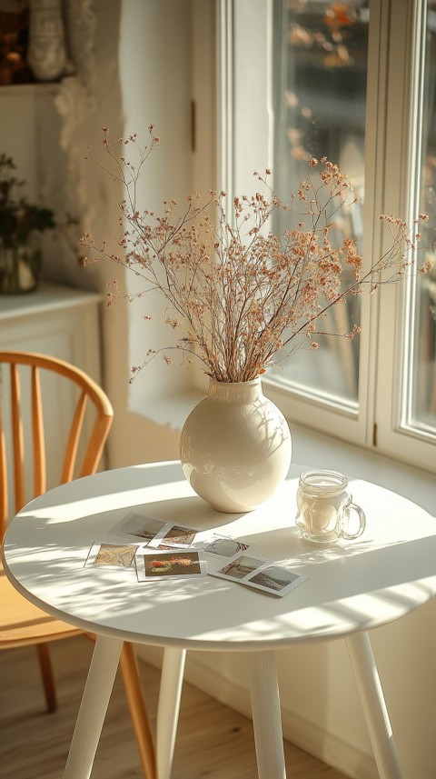 Circular White Table with a Vase of Dried Flowers and Polaroid Pictures – Feminine Blogger Aesthetic (94)