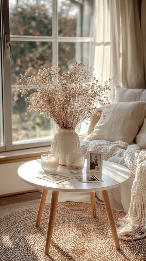 Circular White Table with a Vase of Dried Flowers and Polaroid Pictures – Feminine Blogger Aesthetic (76)