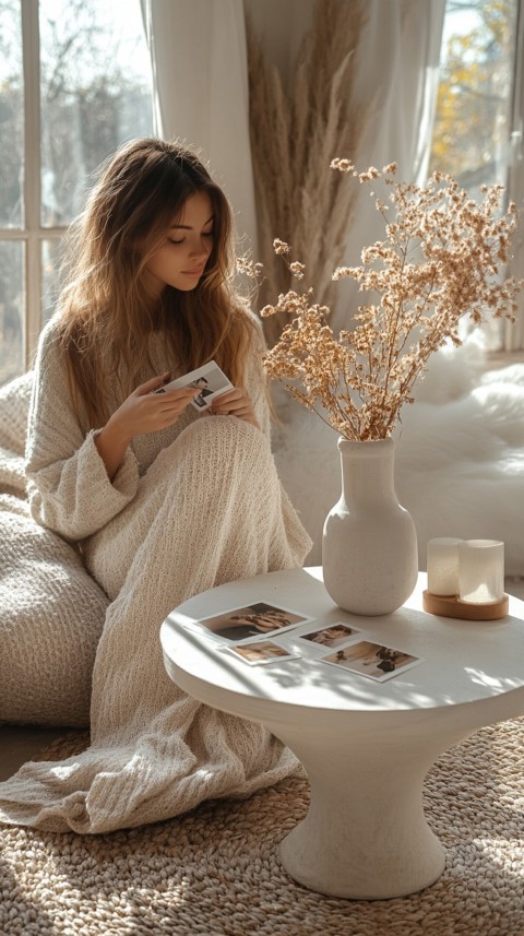 Circular White Table with a Vase of Dried Flowers and Polaroid Pictures – Feminine Blogger Aesthetic (95)