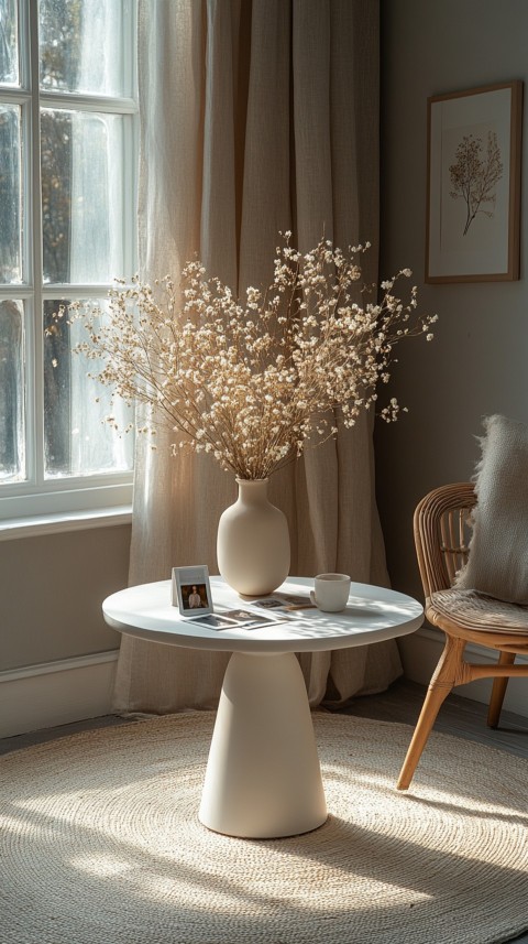 Circular White Table with a Vase of Dried Flowers and Polaroid Pictures – Feminine Blogger Aesthetic (93)