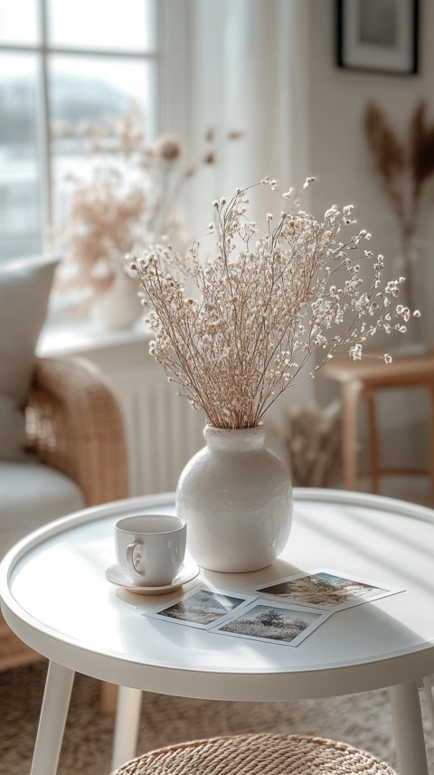 Circular White Table with a Vase of Dried Flowers and Polaroid Pictures – Feminine Blogger Aesthetic (119)