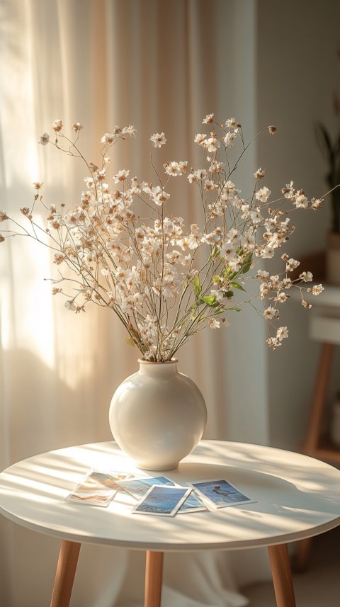 Circular White Table with a Vase of Dried Flowers and Polaroid Pictures – Feminine Blogger Aesthetic (111)