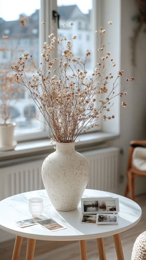 Circular White Table with a Vase of Dried Flowers and Polaroid Pictures – Feminine Blogger Aesthetic (115)