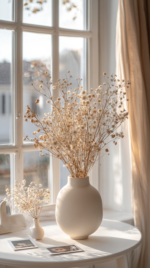 Circular White Table with a Vase of Dried Flowers and Polaroid Pictures – Feminine Blogger Aesthetic (117)