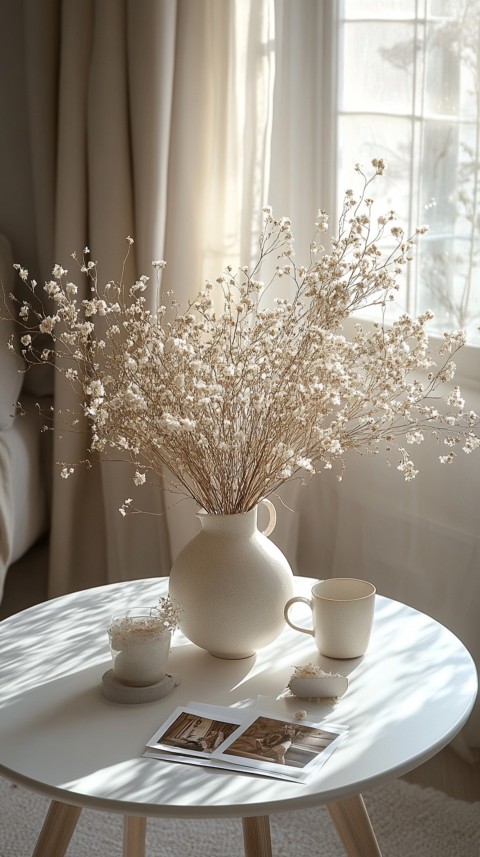 Circular White Table with a Vase of Dried Flowers and Polaroid Pictures – Feminine Blogger Aesthetic (114)