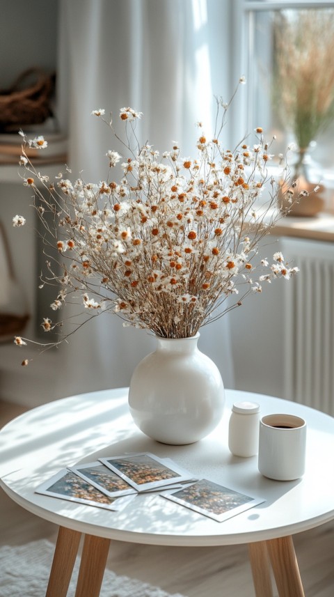 Circular White Table with a Vase of Dried Flowers and Polaroid Pictures – Feminine Blogger Aesthetic (106)