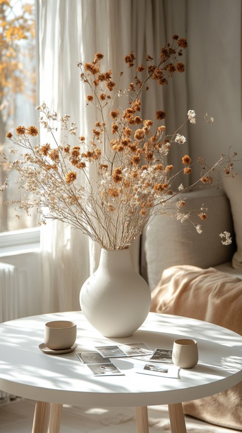 Circular White Table with a Vase of Dried Flowers and Polaroid Pictures – Feminine Blogger Aesthetic (121)