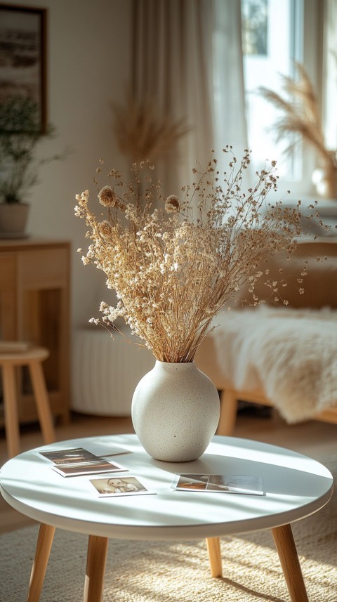 Circular White Table with a Vase of Dried Flowers and Polaroid Pictures – Feminine Blogger Aesthetic (112)