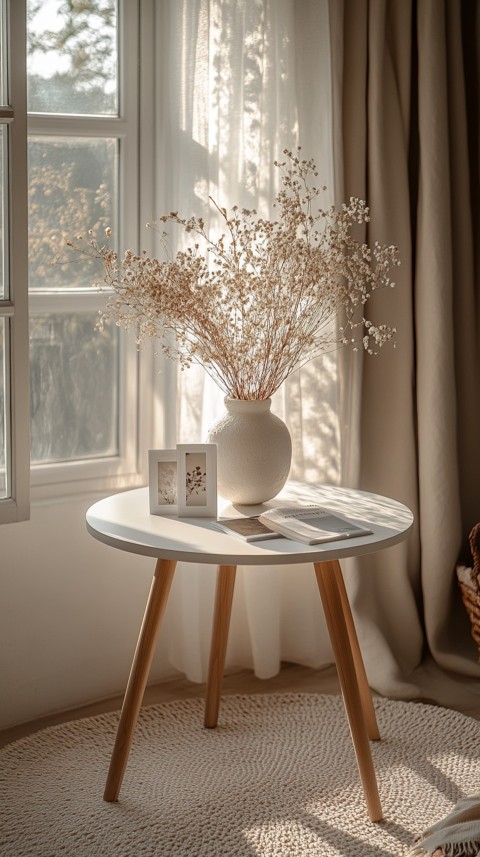 Circular White Table with a Vase of Dried Flowers and Polaroid Pictures – Feminine Blogger Aesthetic (118)