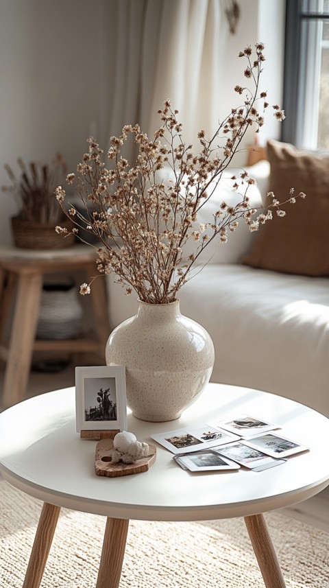 Circular White Table with a Vase of Dried Flowers and Polaroid Pictures – Feminine Blogger Aesthetic (135)