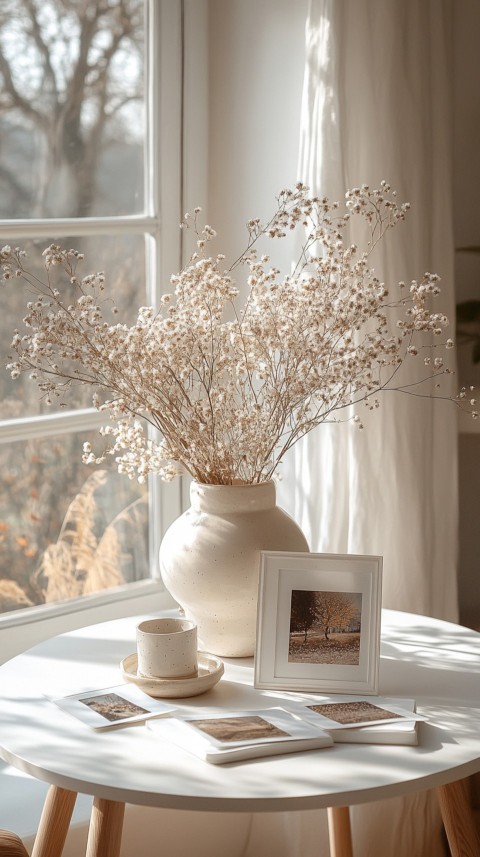 Circular White Table with a Vase of Dried Flowers and Polaroid Pictures – Feminine Blogger Aesthetic (134)