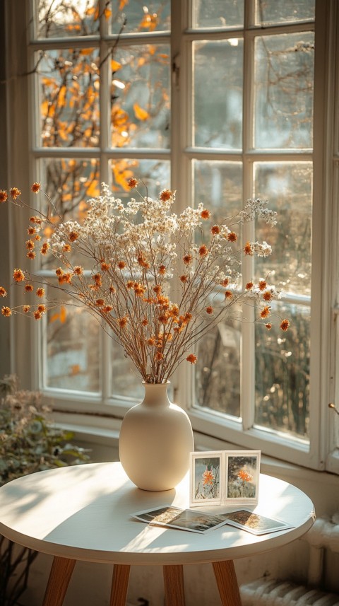 Circular White Table with a Vase of Dried Flowers and Polaroid Pictures – Feminine Blogger Aesthetic (127)