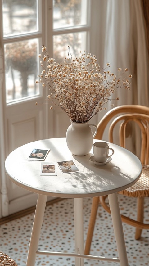 Circular White Table with a Vase of Dried Flowers and Polaroid Pictures – Feminine Blogger Aesthetic (142)