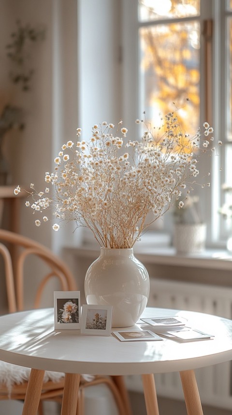 Circular White Table with a Vase of Dried Flowers and Polaroid Pictures – Feminine Blogger Aesthetic (136)