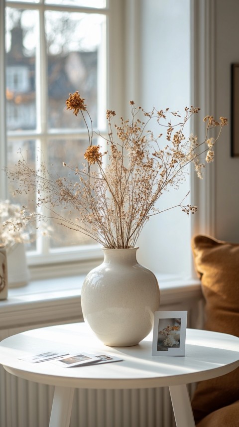 Circular White Table with a Vase of Dried Flowers and Polaroid Pictures – Feminine Blogger Aesthetic (149)