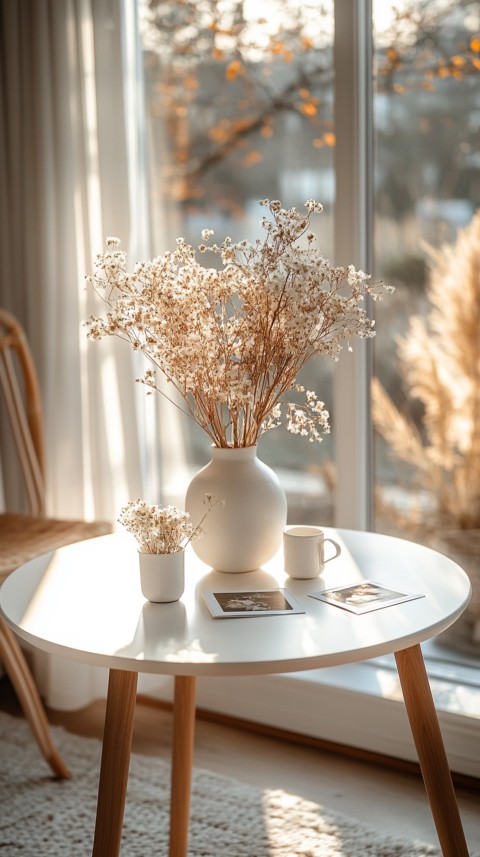 Circular White Table with a Vase of Dried Flowers and Polaroid Pictures – Feminine Blogger Aesthetic (140)