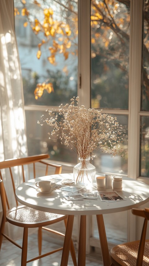 Circular White Table with a Vase of Dried Flowers and Polaroid Pictures – Feminine Blogger Aesthetic (148)