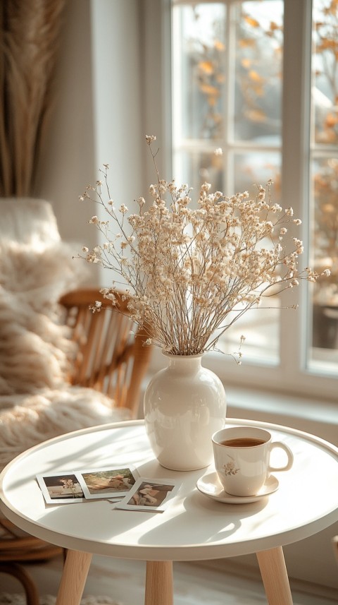 Circular White Table with a Vase of Dried Flowers and Polaroid Pictures – Feminine Blogger Aesthetic (138)