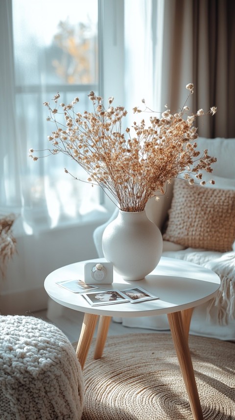 Circular White Table with a Vase of Dried Flowers and Polaroid Pictures – Feminine Blogger Aesthetic (146)