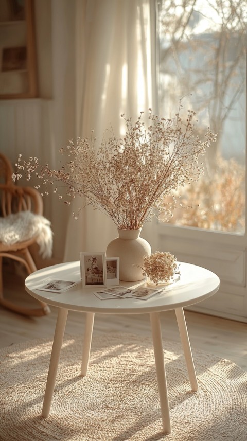 Circular White Table with a Vase of Dried Flowers and Polaroid Pictures – Feminine Blogger Aesthetic (147)