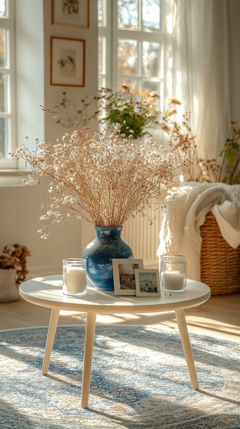 Circular White Table with a Vase of Dried Flowers and Polaroid Pictures – Feminine Blogger Aesthetic (141)