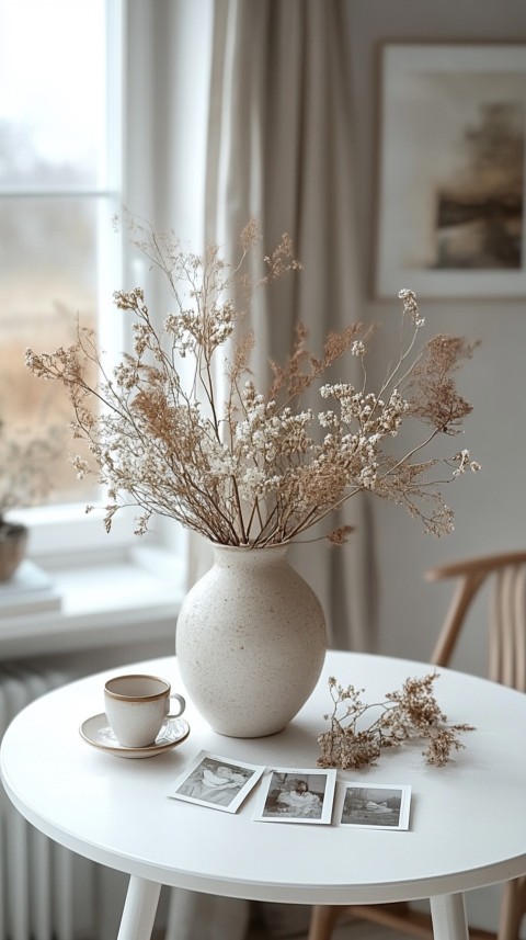 Circular White Table with a Vase of Dried Flowers and Polaroid Pictures – Feminine Blogger Aesthetic (165)